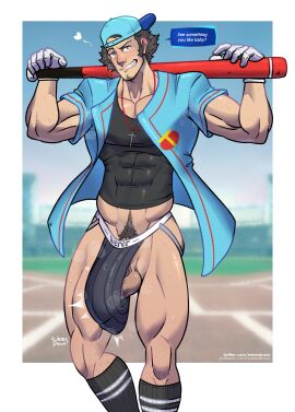 1boy abs abs_visible_through_clothing backwards_baseball_cap balls bara baseball_bat baseball_cap baseball_uniform big_bulge big_penis blush bulge cocky dialogue facial_hair flirting flirting_with_viewer gloves jockstrap junpei_iori looking_at_viewer male male_only muscles muscular muscular_arms muscular_thighs musk musk_clouds pantsless penis persona persona_3 seductive shirt skin_tight smile smiling_at_viewer smirk smirking_at_viewer solo solo_male speech_bubble sweat sweating talking_to_viewer text tight_clothing underwear wererdraws yaoi
