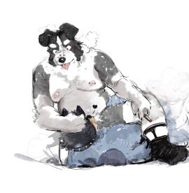 anthro australian_cattle_dog bandit_heeler black_body black_fur blue_body blue_fur bluey_(series) blush bodily_fluids border_collie canid canine canis cattledog cigarette collar collie cum cum_in_mouth cum_inside domestic_dog duo fellatio fur garter_straps genital_fluids head_grab herding_dog hi_res lying mackenzie's_dad_(bluey) male male/male mammal niiun nipple_piercing nipples on_back oral overweight overweight_male pastoral_dog penile penis piercing sex sheepdog smoking tongue tongue_out white_body white_fur