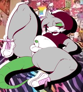 1boy annoyed annoyed_expression anthro balls bed bedroom bottomless chubby chubby_femboy chubby_male clothing curvaceous curvy curvy_figure doodle femboy furry gayplantsex girly hair_over_one_eye male male_only mostly_nude narrowed_eyes on_back on_bed penis perineum rat rat_tail real_life_background rodent shoes small_penis solo solo_male spread_legs tail thick_thighs voluptuous voluptuous_male wide_hips