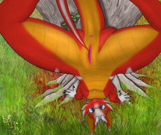 absurd_res anthro breasts claws eyewear felix_(artist) female genitals gesture glasses grass hand_gesture handstand heart_eyes heart_symbol hi_res high-angle_view horn kobold looking_at_viewer orange_body plant pointing pointing_at_pussy pointing_at_self red_body red_scales reptile saninha_(character) scales scalie small_breasts smile solo suni'ave_(artist) tongue tongue_out tree vulva