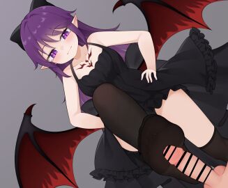 1boy :3 bar_censor black_bow black_dress black_pantyhose bow breasts censored chest_tattoo commission demon_girl demon_wings dress dutch_angle feet female femdom footjob grey_background half-closed_eyes hands_on_own_hips hecate_(shrift) highres looking_at_penis male no_shoes original pantyhose penis pointy_ears purple_eyes purple_hair shrift simple_background small_breasts smug soles tattoo toes wings wl217_(nicexa111)