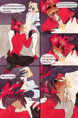 absurd_res alastor_(hazbin_hotel) angel animal_humanoid balls bed big_penis blonde_hair blush bodily_fluids brown_body claws clothed clothing cum cum_in_mouth cum_inside deer deer_humanoid demon demon_humanoid dialogue duo english_text erection fallen_angel fangs fellatio furniture genital_fluids genitals hair hazbin_hotel hi_res humanoid looking_pleasured lucifer_morningstar_(hazbin_hotel) male male/male mammal mammal_humanoid nipples on_bed open_mouth open_smile oral partially_clothed penile penis pubes red_eyes red_hair saliva sex smile sweat sweetys_h teeth text tongue tongue_out vein veiny_penis vivienne_medrano vivziepop white_body