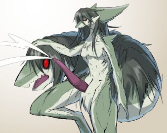 anthro cum dick dragon green_body green_hair kitsuko3310 male penis slit_pupils