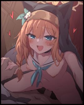 1boy :d animal_ear_headwear blue_archive blue_eyes blue_neckerchief braid breasts cowgirl_position female halo light-skinned_male light_skin long_hair male mari_(blue_archive) medium_breasts neckerchief nipples nun open_mouth orange_hair pussy sailor_collar sex sisterhood_(blue_archive) smile solo_focus straddling straight trinity_general_school_student uncensored vaginal_penetration waero white_sailor_collar yellow_halo young