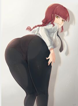 1girls ass ass_focus bent_over big_ass black_bra black_panties black_pants bra bra_visible_through_clothes braid chainsaw_man female female_only foxtaiyo hand_on_thigh huge_ass lace lace-trimmed_bra lace_trim legs lingerie looking_back makima_(chainsaw_man) necktie panties pants pantylines red_hair shirt smile solo solo_female thighs white_shirt yellow_eyes