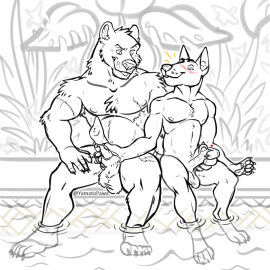 animal_genitalia animal_penis anthro balls bath bathhouse bear blush canid canine canis domestic_dog duo erection foreskin frenum_ladder frenum_piercing genital_piercing genitals hi_res hot_spring ladder_piercing male male/male mammal muscular mutual_masturbation nafeon penis penis_piercing piercing plant public public_bath scar sheath size_difference surprised_expression uncircumcised ursine_penis water yamatopawa