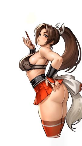 1girls 2024 2d 2d_(artwork) arched_back arm_guards armwear ass ass_grab big_ass big_breasts big_butt blush blushing bra breasts brown_eyes brown_hair clothed clothing exposed_ass fat_ass fatal_fury female female_only from_behind gloves grabbing_ass hair_ornament hand_on_ass hand_on_butt holding_object human human_female human_only king_of_fighters large_breasts leaning_forward legwear light-skinned_female light_skin long_hair looking_at_viewer mai_shiranui ninja no_sex orange_clothing orange_skirt paag ponytail showing_ass side_view simple_background skirt skirt_lift skirt_up snk socks solo solo_female tail thick thick_ass thick_thighs thighhighs thighs tied_hair topwear white_background