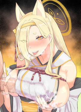 1boy 1girls abyss0017 allied_hyakkiyako_academy_student animal_ears blonde_hair blue_archive blush breasts clothed_female_nude_male cum cum_on_breasts cum_through_clothes female fox_ears fox_girl grey_background halo huge_breasts kaho_(blue_archive) light-skinned_female light-skinned_male light_skin male nose_blush paizuri penis sideboob sideboob_paizuri simple_background yellow_eyes yin-yang_club_(blue_archive)