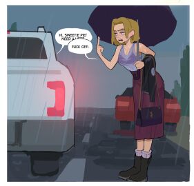 aged_up amphibia amphibia_(finale) amphibia_(series) amugea angry angry_face blonde_hair bra breasts clothed clothing disney earrings english_text female female_only light-skinned_female light_skin middle_finger sasha_waybright short_hair skirt speech_bubble thong transparent_clothing umbrella wet_body wet_clothes wet_hair