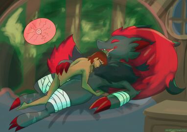 anthro bandage blake_rothenberg female from_front_position furry generation_5_pokemon hi_res human human_male impregnation inside interspecies light-skinned_male light_skin lying male male/female mammal missionary_position nintendo on_back pokemon pokemon_(species) pokephilia pokémon_(species) screamoshaymin sex size_difference tongue tongue_out zoroark