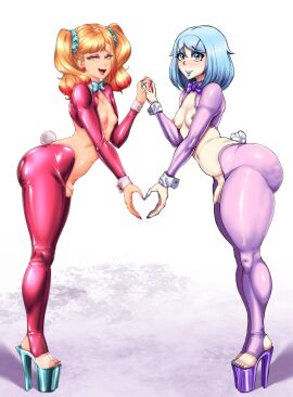 2boys alviriaart androgynous arched_back ass balls blonde_hair blue_eyes blue_hair blue_lipstick blue_nails bunny_tail bunnysuit cellulite cock collaboration cuffs_(clothing) ear_piercing earrings feet femboy feminine_male heart_gesture heels high_heels holding_hands large_ass male male_nipples micropenis nervous nipples oc penis pierced_ears piercing pigtails pink_eyeshadow pink_nails platform_heels reverse_bunnysuit simple_background sissy small_penis stiletto_heels suiren_ciao toes trap yellow_eyes