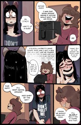 after_masturbation after_orgasm air_fryer anthro blush bodily_fluids braces colored_nails comic dialogue dirty_talk duo eyewear femboy genital_fluids glasses hair hair_over_eye hi_res long_hair male male/male mammal mask nails nerd noah_(peculiart) original original_character peculiart precum precum_on_hand procyonid raccoon rodent sciurid squirrel stacy_(peculiart) text tree_squirrel