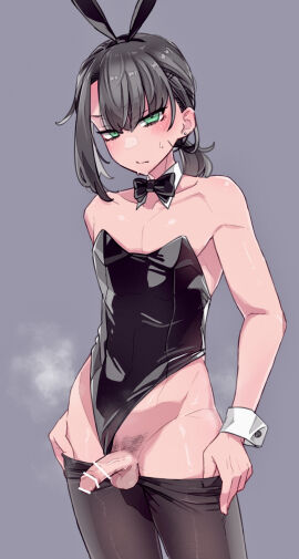 1boy absurdres animal_ears balls bar_censor black_bow black_bowtie black_hair black_leotard bow bowtie censored clothes_pull clothing_aside collarbone cowboy_shot crossdressing deagle_(deagleiii) detached_collar erection fake_animal_ears grey_background highres leotard leotard_aside long_hair looking_at_viewer male male_focus male_playboy_bunny male_pubic_hair original otoko_no_ko pantyhose pantyhose_pull penis playboy_bunny pubic_hair rabbit_ears simple_background solo steaming_body strapless strapless_leotard sweatdrop testicles