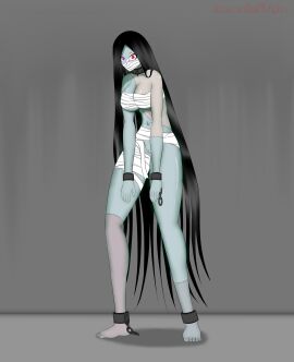 1girls bandages bandages_around_chest barefoot black_hair collar female heterochromia kawaiiredpandas long_hair looking_at_viewer patchwork_skin purple_eye pussy red_eye shackles solo standing stitches undead vagina zombie zombie_girl