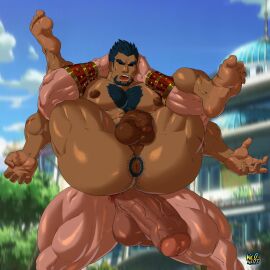 2boys abs absurdres anus artist_name ass ass_hair balls bara barefoot beard blue_hair blurry blurry_background bucchigiri?! building cloud completely_nude dark-skinned_male dark_penis dark_skin facial_hair feet flaccid full_nelson gauntlets gay girthy_penis hairy highres huge_ass huge_pectorals kenchiro_douman large_penis male male_focus male_only masculine_male mature_male multiple_boys multiple_males muscular muscular_male ne0_navi nipples nude open_mouth outdoors pectorals penis scar senya_(bucchigiri?!) shaded_face short_hair signature sky spiked_hair spread_legs teeth testicles thick_eyebrows thick_thighs thighs tongue tree veins very_hairy yaoi