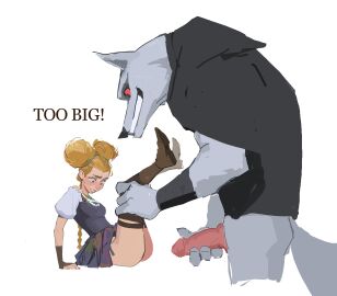 amugea anthro canid canine clothes death_(puss_in_boots) dreamworks dreamworks_animation female genitals goldilocks goldilocks_(puss_in_boots) goldilocks_and_the_three_bears human impossible_fit knot large_penis larger_male male penis penis_awe puss_in_boots_(dreamworks) puss_in_boots_the_last_wish size_difference smaller_female source_request text too_big too_big_(phrase) uncensored wolf