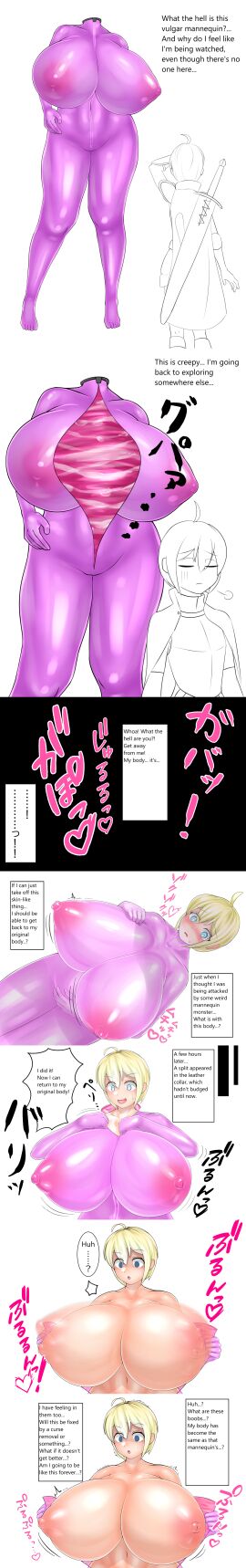 1boy 1girls areolae big_breasts blonde_hair blue_eyes blush body_growth body_growth_(enlargement) body_mold body_transformation breast_expansion breast_growth breast_growth_(enlargement) breasts breasts_bigger_than_head cleavage comic english_text eyebrows eyebrows_visible_through_hair eyelashes female forced_transformation gender_transformation genderswap_(mtf) gigantic_breasts hand_on_own_chest huge_breasts large_breasts looking_at_self midriff motion_blur navel nipples nude nude_female ohitsuji original original_character rule_63 short_hair simple_background text translated white_background