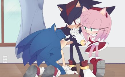 accessory amy_rose anthro ass black_body blue_body blue_fur boots bracelet chest_tuft clothing dress ero_nova eulipotyphlan fellatio female footwear fur gay genitals gloves group hair_accessory hairband handwear hedgehog hug jewelry kneeling male male/female male/male mammal oral panties penile penis pink_body sega sex shadow shadow_the_hedgehog shoes smile sonic_(series) sonic_the_hedgehog sonic_the_hedgehog_(series) trio tuft underwear