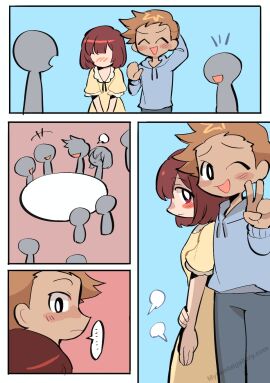 ... ..... ...... 2boys 4koma :| blue_hoodie blue_pants blush blush_lines blushing blushing_at_viewer blushing_male brown_eyes brown_hair butter_bunny comic crossdresser crossdressing crossdressing_male femboy light-skinned_male light_skin looking_at_another looking_at_viewer male red_hair table text text_bubble yellow_dress