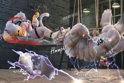 absurd_res anal anal_juice anal_sex anthro balls blindfold blue_eyes bodily_fluids bondage bound canid canine canis chastity_device chastity_device_only circumcised cloak close-up clothing cock_and_ball_torture cock_and_balls_torture cutaway dildo dildo_in_ass dildo_insertion dominant dominant_male dungeon duo ear_piercing ear_tag electricity electrode electrode_on_penis electrostimulation erection feet felid feline fhcat foot_on_head furniture gag genital_fluids genitals grin hand_on_table hands_behind_back harness hi_res hogtied humanoid_genitalia humanoid_penis lock low-angle_view male male/male mammal muscular muscular_male muzzle_(object) nipple_chain nipple_piercing nipple_ring nipples nude object_in_ass on_table padlock pawpads pecs peeing penetration penis piercing restraints ring_piercing rope rope_bondage rope_harness sex_toy sex_toy_in_ass sex_toy_insertion sitting sitting_on_table smile smirk sock_gag spread_legs spreading stuff_gag submissive submissive_male suspension suspension_bondage table tail tail_bondage tail_tied three-quarter_view urine vein veiny_penis white_body white_sock wolf