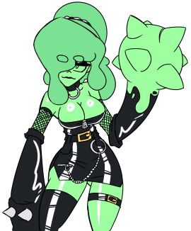 absurd_res big_breasts black_dress bonk150 breasts butt_fang chains choker cleavage collar collar_ring collarbone collarbones eyebrows_visible_through_hair female fishnet fishnet_armwear fishnet_clothing fishnets gold_buckle goth goth_girl gothic green_body green_eyes green_hair green_skin hair_over_one_eye hair_tied hairband hi_res jenny_(bonk150) latex latex_arm_warmers latex_armwarmers latex_armwear latex_clothing latex_dress latex_gloves latex_legwear latex_stockings latex_thighhighs lipstick looking_away makeup mascara morningstar pinup ponytail shapeshift shapeshifter shapeshifting shiny shiny_body shiny_breasts shiny_clothes shiny_hair shiny_skin short_dress shoulders silver_jewelry sleeves sleeves_past_wrists slime slime_girl slimy spikes standing thigh_belt thigh_strap thighs white_background zipper zipper_dress