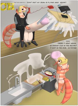 4_arms absurd_res anthro arthropod balls big_balls big_penis bodily_fluids casual_masturbation chair clothing cooking crustacean cum cum_in_sink cum_on_desk cum_on_food cum_on_wall deachuu desk dialogue excessive_cum excessive_genital_fluids food furniture genital_fluids genitals gynomorph hi_res horn huge_balls huge_cock hyper hyper_balls hyper_genitalia hyper_penis intersex marine masturbation multi_arm multi_limb office office_chair on_phone penis shrimp solo suit table underwear