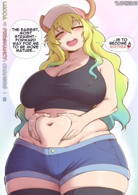 1girls belly belly_grab big_belly blonde_hair blush breasts chubby chubby_female cleavage closed_eyes coffeeslice covered_erect_nipples curvy curvy_female english_text female female_focus green_hair hat highres horns jean_shorts kobayashi-san_chi_no_maidragon large_breasts long_hair lucoa_(maidragon) midriff miss_kobayashi's_dragon_maid multicolored_hair navel plump pregnancy_progression quetzalcoatl_(dragon_maid) short_shorts shorts skindentation slightly_chubby solo speech_bubble thick_thighs thighs two-tone_hair wide_hips
