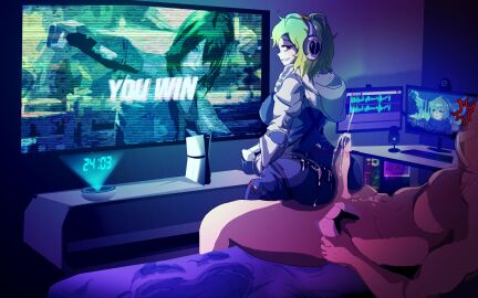1boy 1girls ass assjob assjob_paizuri bed bedroom breasts buttjob buttjob/paizuri buttjob_over_clothes clothed_female_nude_male clothed_sex clothing controller cum cum_drip cum_on_ass fat_ass female green_eyes headphones headwear holding holding_object hood hoodie huge_ass huge_cock indoors large_breasts looking_at_partner male muscular muscular_male nester1017 nude_male penis playstation playstation_5 playstation_controller ps5_controller red_eyes reycall_sounds short_hair unseen_male_face virtual_youtuber vtuber vtuberfanart vtubers