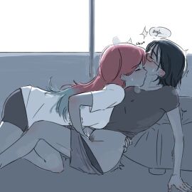 2girls alien_stage arm_around_waist black_hair black_shorts blue_hair blush closed_eyes commentary_request female female_pubic_hair fingering glasses grey_shirt grey_shorts kissing kissing_neck korean_commentary long_hair mizi_(alien_stage) motii multicolored_hair multiple_females multiple_girls pink_hair pubic_hair puff_of_air pussy pussy_juice rectangular_eyewear shirt short_hair short_sleeves shorts sua_(alien_stage) sweat two-tone_hair white_shirt yuri