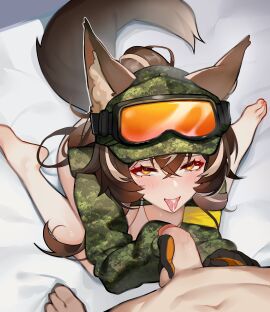 absurdres after_fellatio animal_ears armband blush breasts brown_hair callisto_(greyeth) camouflage commission cum cum_in_mouth digital_camouflage female flaccid fox_ears fox_tail highres looking_at_viewer male multicolored_hair ninai original penis smug streaked_hair tail tongue tongue_out yellow_armband