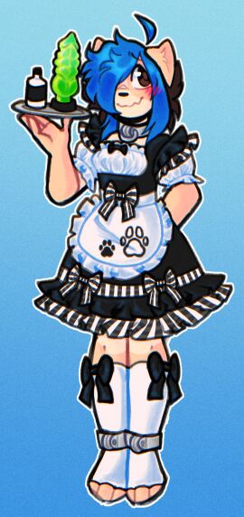 anthro blush canid canine canis clothed clothing collar cuff_(restraint) digital_media_(artwork) dildo domestic_dog female genitals hair hi_res legwear maid_uniform male mammal penis poofypup restraints sex_toy shackled_ankles shackled_neck shackles simple_background smile solo uniform