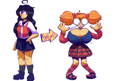 ass ass_expansion big_breasts braces breast_expansion breast_growth breast_growth_(enlargement) breasts breasts_bigger_than_head buckteeth female glasses hair_color_change hair_growth hexbomb huge_ass huge_breasts identity_death lisp nerd nerdification nerdy_female original personality_change takeover thick_thighs thigh_expansion toonification top_heavy transformation twintails wide_hips