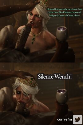1boy 1girls 3d angry blowjob ciri crown currysfm dark-skinned_male dark_skin dialogue empress_ciri english_text fellatio female forced_oral forced_submission green_eyes hand_on_another's_head humiliation interracial jewelry kneeling large_penis light-skinned_female light_skin male maledom penis royalty the_witcher_(series) the_witcher_3:_wild_hunt tiara very_dark_skin white_hair wine_glass