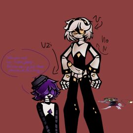 1futa 1girls 2d artist_request breasts clothed clothing erection female futa_on_female futanari humanoid humanoid_penis intersex larger_futa murder_drones n_(murder_drones) naked nude penis purple_hair robot robot_humanoid screen_face size_difference smaller_female text uzi_(murder_drones) v_(murder_drones) white_hair yuri