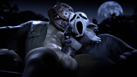 16:9 2025 3d_(artwork) 3d_animation animated anthro anthro_on_anthro anthro_penetrated anthro_penetrating anthro_penetrating_anthro balls black_penis blender_eevee bodily_fluids bouncing_balls brown_body brown_fur canid canine clothing cosplay costume digital_media_(artwork) duo epic_games erection facial_markings facial_piercing fellatio fortnite friday_the_13th_(series) fur furry genitals ghostface_(scream) glowing glowing_eyes hajime_(fortnite) halloween halloween_costume hand_on_leg hand_on_penis head_markings hi_res holidays jason_voorhees male male/male male_penetrated male_penetrating male_penetrating_male mammal markings mask mask_(marking) moan moon muscular muscular_anthro muscular_male night nose_piercing nose_ring oral oral_only oral_penetration pecs penetration penile penile_penetration penis penis_in_mouth piercing procyonid raccoon raccoon_dog ring_piercing rufus_(fortnite) saliva saliva_on_balls saliva_on_penis scar scream_(films) sex short_playtime sound tan_balls tan_body tan_fur tanuki video voice_acted vyrtek vyrtek_(modeler) white_eyes widescreen yaoi yellow_eyes