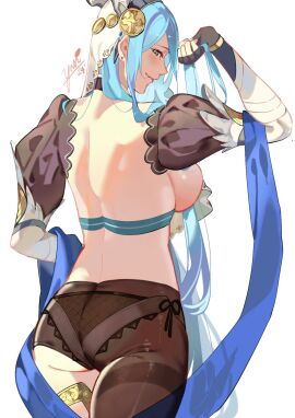 1girls alternate_costume ass asymmetrical_clothes asymmetrical_legwear azura_(fire_emblem) back back_view backboob bare_back bare_thighs big_ass black_panties breasts dancer ear_piercing female female_only fingerless_gloves fire_emblem fire_emblem_fates fire_emblem_heroes from_behind gloves hair_between_eyes light_blue_hair long_hair long_sleeves looking_at_viewer looking_back medium_breasts nintendo official_alternate_costume panties pantyhose piercing see-through sideboob smile solo thighs underwear very_long_hair white_background yellow_eyes yusi_vishnu
