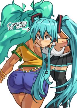 2d 2d_(artwork) 2d_artwork 2girls ass bigger_female brazilian brazilian_miku carrying_partner english english_text female fully_clothed hatsune_miku height_difference looking_down moxydraws moxydrawsmore multiple_females multiple_girls over_shoulder_carry selfcest shorts size_difference skyblue_hair smaller_female tall_female taller_female tan_body tank_top tanline tanned-skinned_female tanned_female tanned_skin thighhighs vocaloid white_skin wife_and_wife yuri