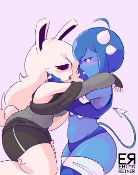 2girls artist_signature blue_body blue_hair bunny clubette ehtma_reiner eyelashes female female_only femgram geometry_dash horn is_she_stupid? kissing thigh_highs thighs yuri