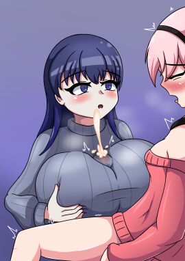 1futa 1girls black_hairband blue_eyes blue_hair blue_sweater blush bottomless breasts closed_eyes clothed clothed_paizuri clothing cum ejaculation female female_on_futa futa_on_female futanari hairband huge_breasts intersex iyowa_girls long_hair makiri_(iyowa) mercy_killing_(vocaloid) muko_(iyowa) muko_no_anata_(vocaloid) mv_character open_mouth paizuri paizuri_under_clothes partially_clothed pink_hair pink_sweater redleaf64 short_hair sweater vocaloid yuri