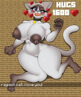 3_toes 4_fingers 5:6 anthro areola big_areola big_breasts biped black_collar blue_eyes blush breasts brown_areola brown_body brown_eyebrows brown_fur brown_nipples brown_nose cat_(minecraft) chat_message clitoris clownfish collar collar_tag dialogue digital_drawing_(artwork) digital_media_(artwork) domestic_cat english_text eyebrows eyelashes feet felid feline felis female fingers fish fish_in_mouth food_in_mouth foxgumie fur genitals heart_symbol hi_res interaction_drive like_goal lying mammal marine microsoft minecraft mojang navel nipple_dip nipples on_back pomacentrid pussy ragdoll_cat ragdoll_cat_(minecraft) simple_background solo text thick_eyelashes thick_thighs tiled_background toes white_body white_fur white_sclera wide_hips xbox_game_studios
