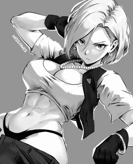 1girls abs android_18 artist_name big_breasts bracelet breasts busty cleavage curvy dragon_ball dragon_ball_z earrings exposed_midriff female missfaves monochrome muscular muscular_abdomen muscular_abs muscular_female panties pearl_necklace small_waist
