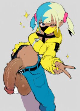 1futa ai_generated balls belt big_balls big_breasts blonde_hair blue_hair blunt_bangs breasts canari_(pokemon) clothes_pull covered_mouth cropped_hoodie cropped_jacket dark-skinned_female dark_skin eyelashes flaccid flaccid_penis from_above futa_only futaalover futanari gigantic_balls gigantic_testicles hood huge_balls intersex jacket large_balls large_testicles long_sleeves mask medium_breasts mouth_mask multicolored_hair nail_polish navel one_eye_closed open_pants pants pants_down pants_pull penis pokemon pokemon_legends:_z-a short_hair short_twintails sparkles testicles twintails two-tone_hair v veiny_balls veiny_penis veiny_testicles