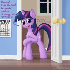 bodily_fluids callichrome dripping english_text equid equine female feral friendship_is_magic genital_fluids hasbro hi_res horn inside mammal meme my_little_pony mythological_creature mythological_equine mythology nipples no_nut_november solo teats text twilight_sparkle_(mlp) unicorn vaginal_fluid_drip vaginal_fluid_string vaginal_fluids