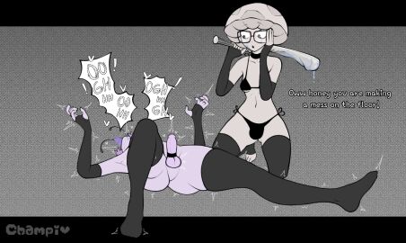 2boys 2femboys ass baseball_bat big_ass big_butt big_thighs bikini bug champaanimation champi_(oc) cock_ring couple dialogue erection gay glasses gooring_(oc) half_naked head_back huge_ass imminent_death imminent_rape kneeling knocked_out male mushroom mushroom_humanoid oc ocs onomatopoeia orgasm penis questionable_consent simple_background small_penis spasm spasming spasms surprised surprised_expression thigh_highs thighhighs tongue tongue_out unconscious
