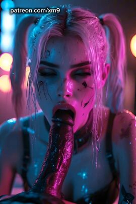 ai_generated black_dick blonde_hair blowjob blue_eyes brutal cyberpunk harley_quinn perfect_body tagme tattoo top twintails video xm9