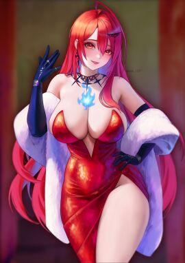 absurdres ahoge alternate_costume asymmetrical_sidelocks bare_shoulders black_gloves blue_fire blue_hair blurry blurry_background breasts cleavage colored_inner_hair commentary cowboy_shot double-parted_bangs dress earrings elbow_gloves elizabeth_rose_bloodflame evening_gown female fire fire_on_chest fur_shawl gloves hair_between_eyes hand_on_own_hip hand_up highres hololive hololive_english huge_ahoge jewelry large_breasts lazik_1337 long_hair looking_at_viewer multicolored_hair parted_lips red_dress red_eyes red_hair shawl side_slit sidelocks single_earring single_hair_intake sleeveless sleeveless_dress solo straight-on strapless strapless_dress very_long_hair virtual_youtuber white_shawl