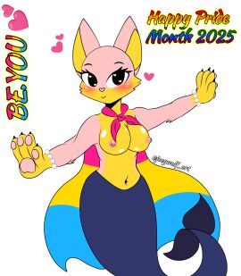 1girls black_eyes boobs_out breasts breasts_out female fox fox_ears fox_girl furry joey_wolf merfolk mermaid mermaid_tail oc pansexual_pride_colors pink_fur pink_nipples pink_nose pride_colors pride_month simple_background simple_coloring simple_drawing topless yellow_fur