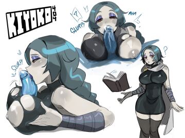 1boy 1girls areolae artist_name big_breasts blue_body blue_skin breasts erection eyeshadow female female_focus kiyoko404 licking licking_penis light-skinned_female light_skin makeup male nipples one_breast_out oral oral_sex original original_character pale-skinned_female pale_skin penis purple_eyeshadow red_eyes torn_clothes torn_clothing unseen_male_face white_background