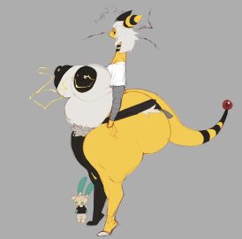 1boy 1girls 2d 2d_(artwork) 2d_artwork ampharos ass big_ass big_breasts big_butt big_tits bigger_female booty_shorts breasts bubble_ass bubble_butt chubby chubby_belly chubby_female clothed clothed_male_nude_female clothes clothing female female_focus ic0nmon long_hair long_tail male nipple_piercing nipples piercing pokemon pokemon_(species) pubes pubic_hair size_difference smaller_male tagme tail