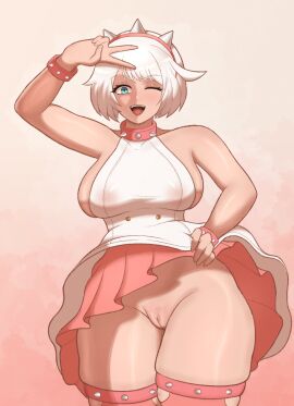 1girls bottomless clothes_lift elphelt_valentine female guilty_gear guilty_gear_strive no_panties one_eye_closed pussy rover_(rover_png) skirt skirt_lift thick_thighs thighhighs thighs v white_hair wide_hips wink